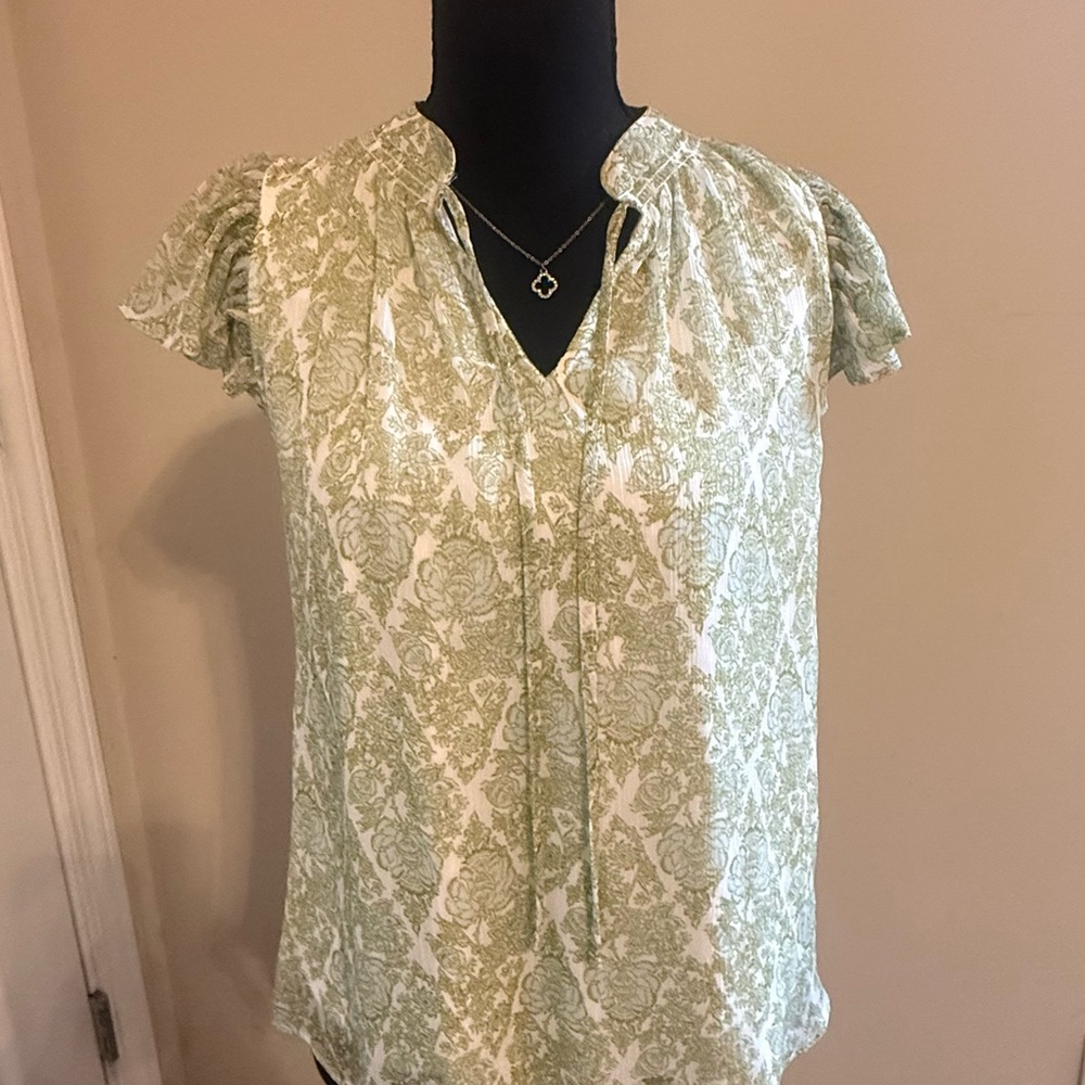 Light Green Floral Tie-Neck Women’s Top